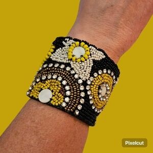 Mare SOLE AMORE Artisan Denim Floral Beadwoven Rhinestone Wide Bracelet